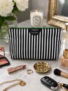 Clinique x kate spade Black and White Striped Cosmetic Pouch